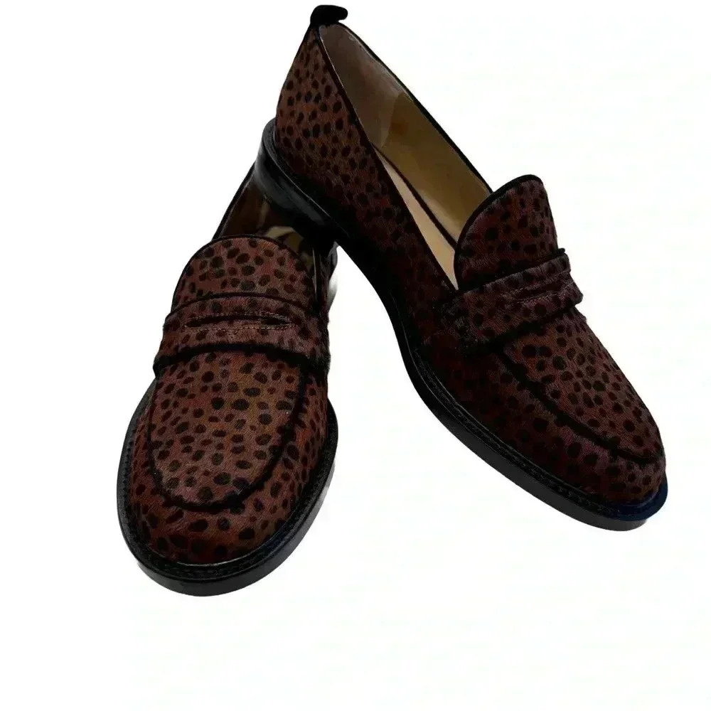 NEW ANN TAYLOR LEATHER, CALF HAIR ANIMAL PRINT PENNY LOAFER FLATS SHOES SIZE 9